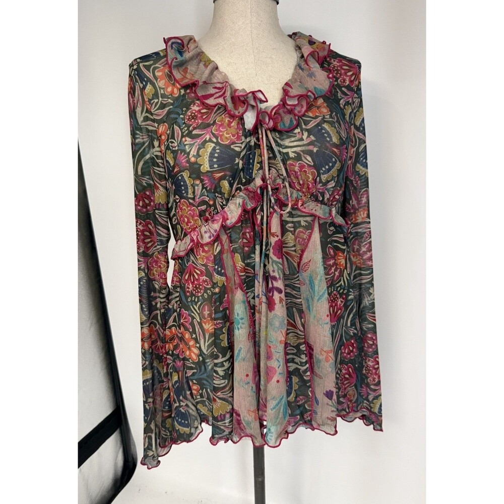 Natural Life Ruffle Babydoll Sheer V Neck Floral Top Women’s Size Large